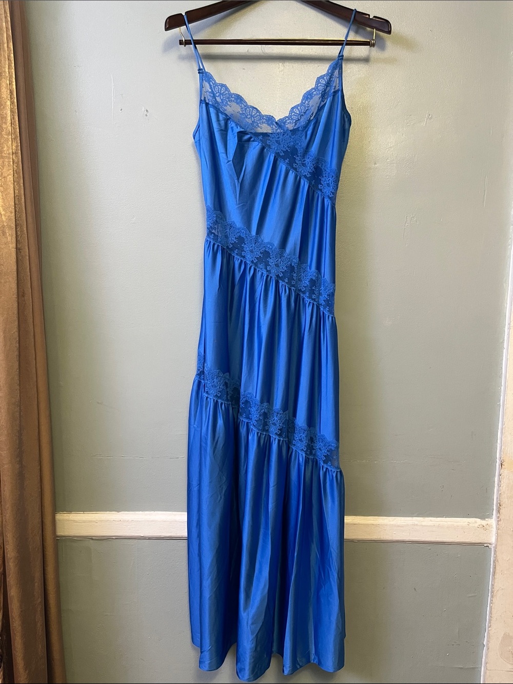 Vintage Henson Kickernick Lace-Trim Blue Satin Maxi Slip Dress